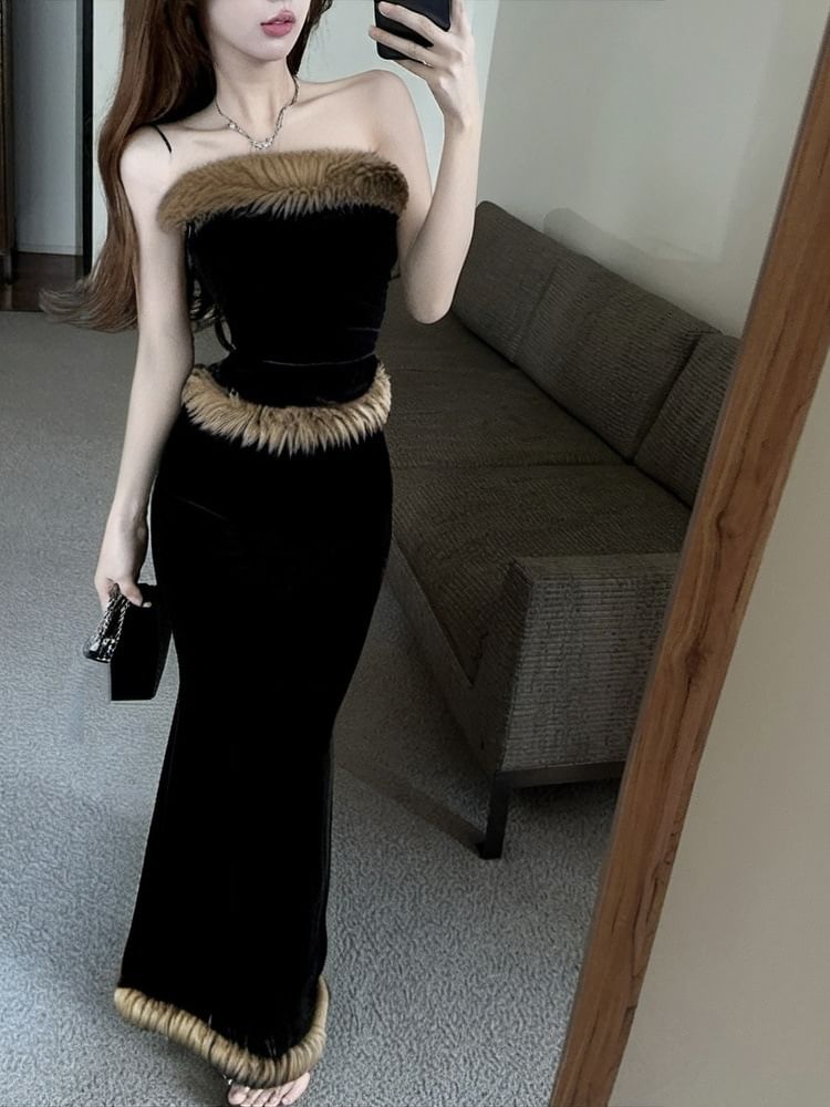 Strapless Fluffy Tube Top and High Waist Maxi Pencil Skirt Set