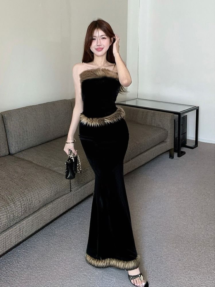 Strapless Fluffy Tube Top and High Waist Maxi Pencil Skirt Set