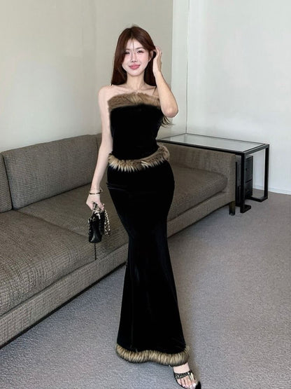 Strapless Fluffy Tube Top and High Waist Maxi Pencil Skirt Set