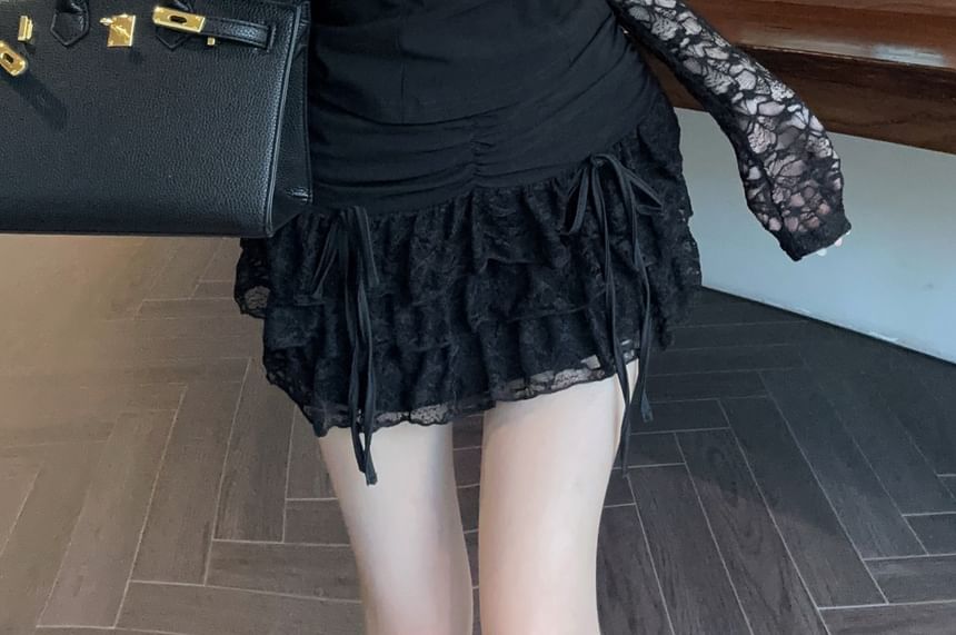Off Shoulder Lace Panel Top and Mid Rise Lace A-Line Skirt Set