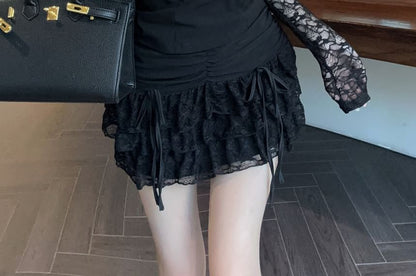 Off Shoulder Lace Panel Top and Mid Rise Lace A-Line Skirt Set
