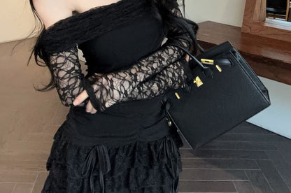 Set: Long-Sleeve Off Shoulder Plain Lace Panel Top + Mid Rise Mini Lace A-Line Skirt