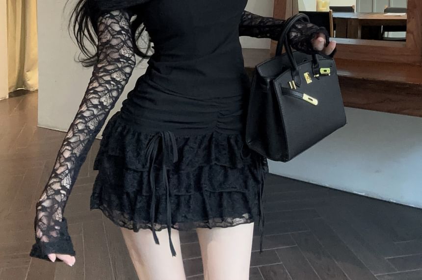 Set: Long-Sleeve Off Shoulder Plain Lace Panel Top + Mid Rise Mini Lace A-Line Skirt