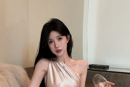 Sleeveless Off Shoulder Plain Ruched Maxi Mermaid Dress