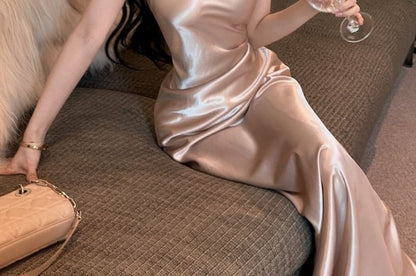 Sleeveless Off Shoulder Plain Ruched Maxi Mermaid Dress