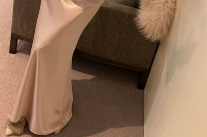 Sleeveless Off Shoulder Plain Ruched Maxi Mermaid Dress