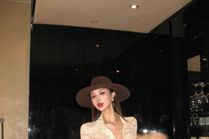 Long-Sleeve Half Buttoned Lace Top / Mid Waist Plain Maxi Skirt / Belt / Set