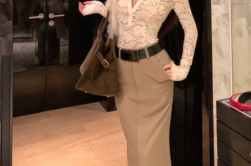 Half Buttoned Lace Top and Plain Maxi Skirt Set with Belt