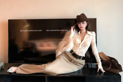 Long-Sleeve Half Buttoned Lace Top / Mid Waist Plain Maxi Skirt / Belt / Set