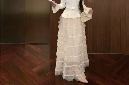 Belted Knit Top and Mesh Maxi A-Line Skirt Set