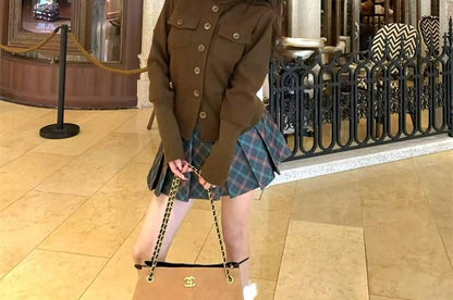 Mock Neck Button-Up Crop Jacket and Tartan Pleated Mini Skirt