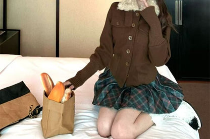 Mock Neck Button-Up Crop Jacket and Tartan Pleated Mini Skirt