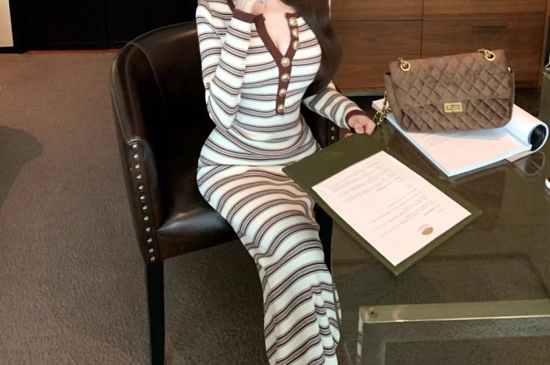 Long-Sleeve Half Buttoned Striped Knit Maxi Sheath Dress