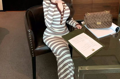 Long-Sleeve Half Buttoned Striped Knit Maxi Sheath Dress