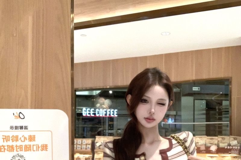 Long-Sleeve Half Buttoned Striped Knit Maxi Sheath Dress