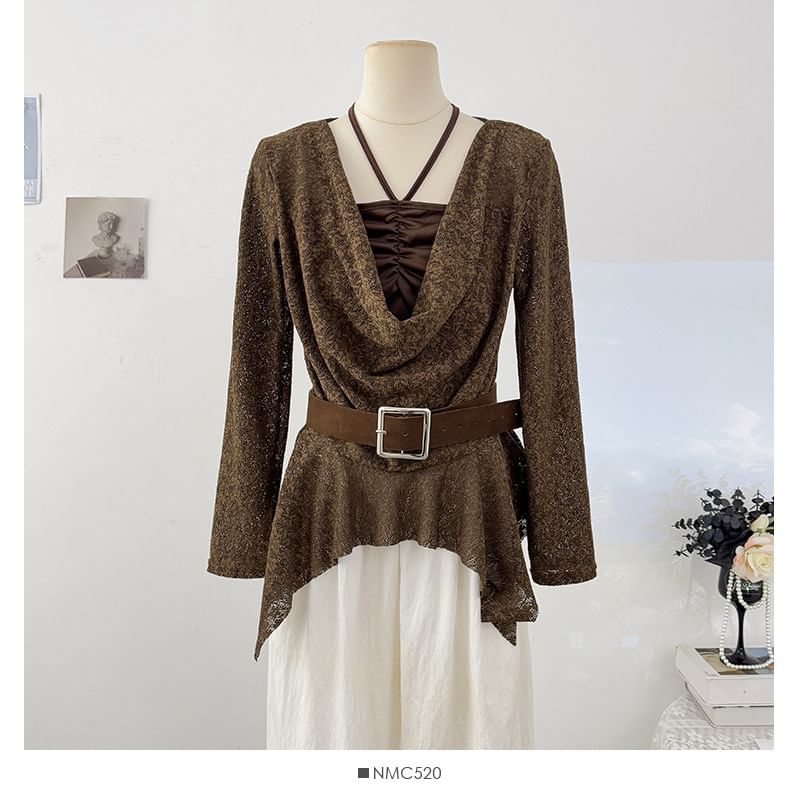 Cowl Neck Slim-Fit Top with Asymmetric Hem