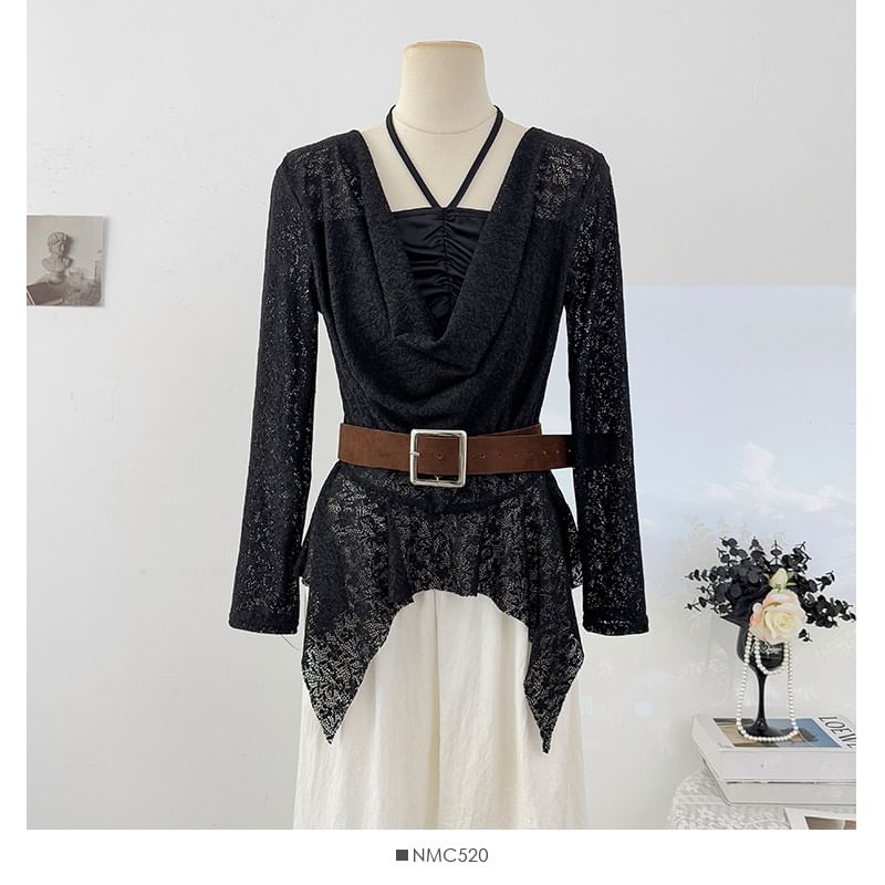 Cowl Neck Slim-Fit Top with Asymmetric Hem