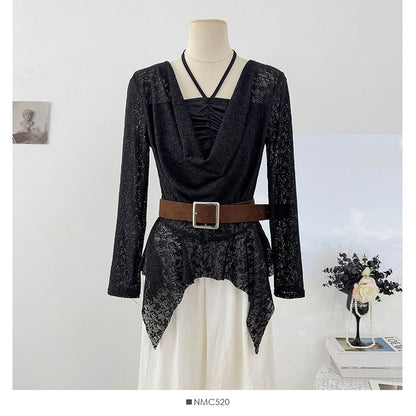 Cowl Neck Slim-Fit Top with Asymmetric Hem