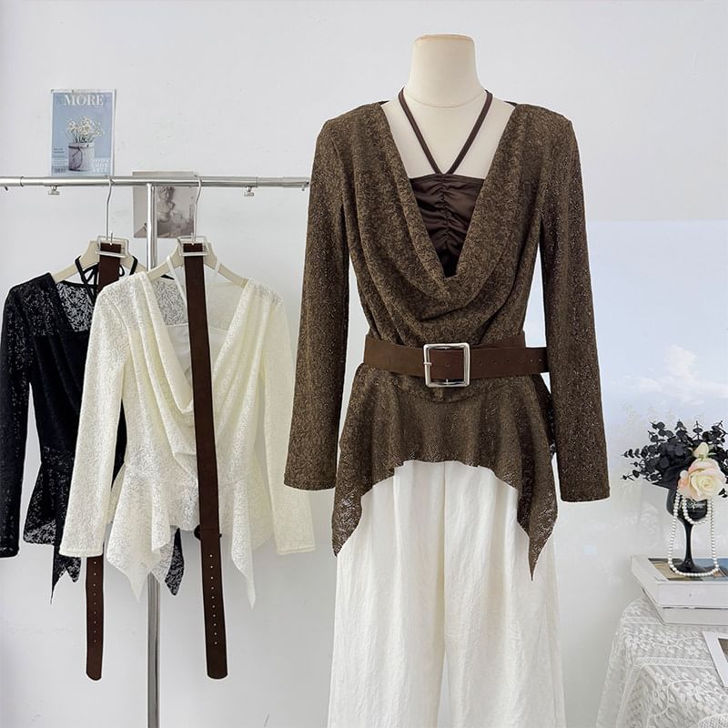 Cowl Neck Slim-Fit Top with Asymmetric Hem