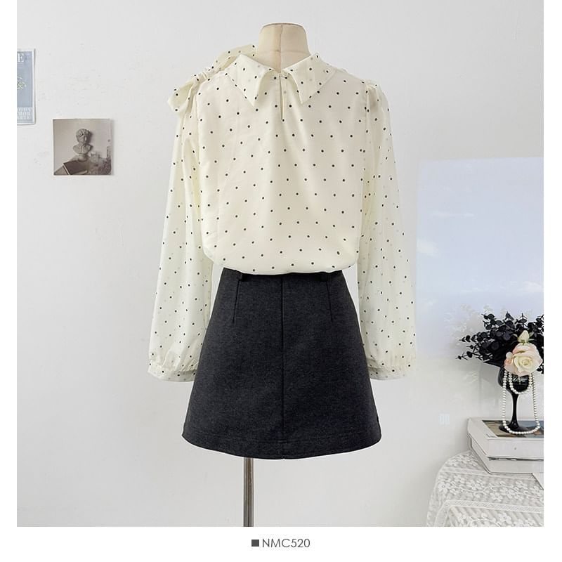 Polka Dot Tie-Neck Flowy Long-Sleeve Shirt