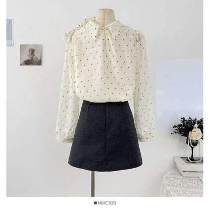 Polka Dot Tie-Neck Flowy Long-Sleeve Shirt