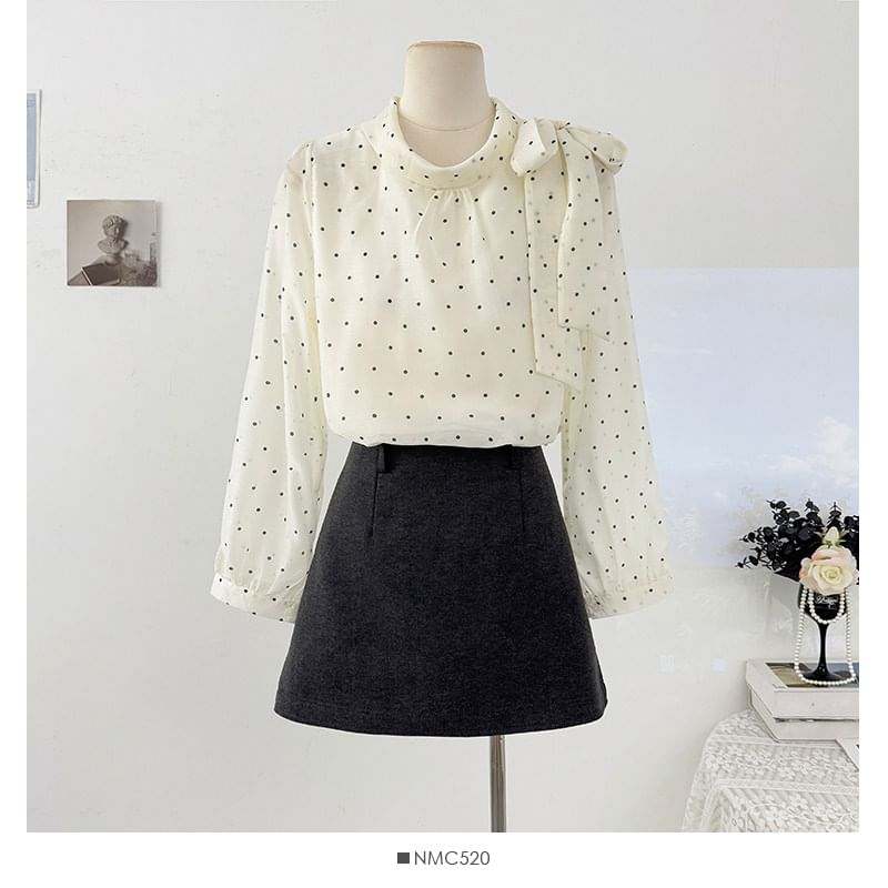 Polka Dot Tie-Neck Flowy Long-Sleeve Shirt