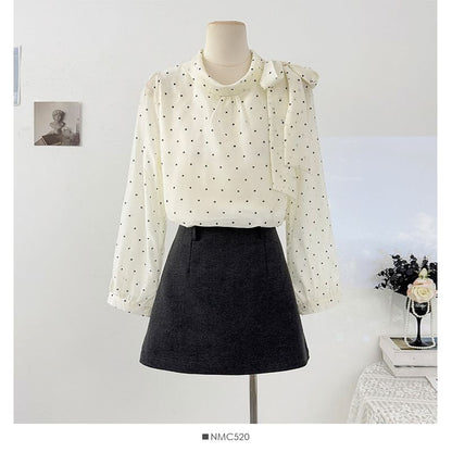 Polka Dot Tie-Neck Flowy Long-Sleeve Shirt