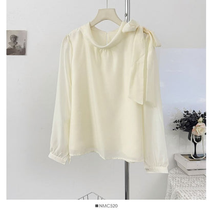 Polka Dot Tie-Neck Flowy Long-Sleeve Shirt