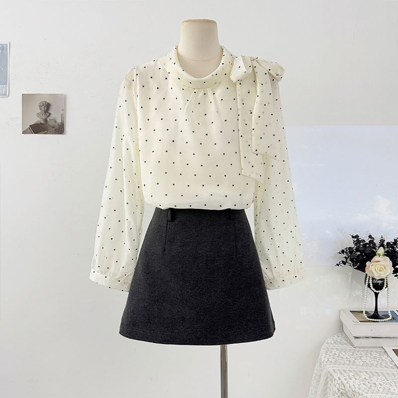 Polka Dot Tie-Neck Flowy Long-Sleeve Shirt