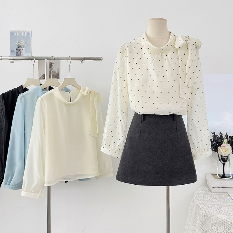 Polka Dot Tie-Neck Flowy Long-Sleeve Shirt