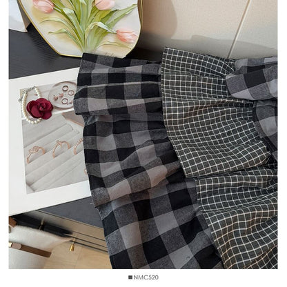 High-Waist Paneled Plaid Layered A-Line Midi Skirt