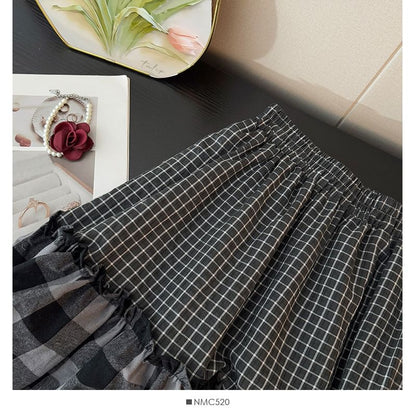High-Waist Paneled Plaid Layered A-Line Midi Skirt