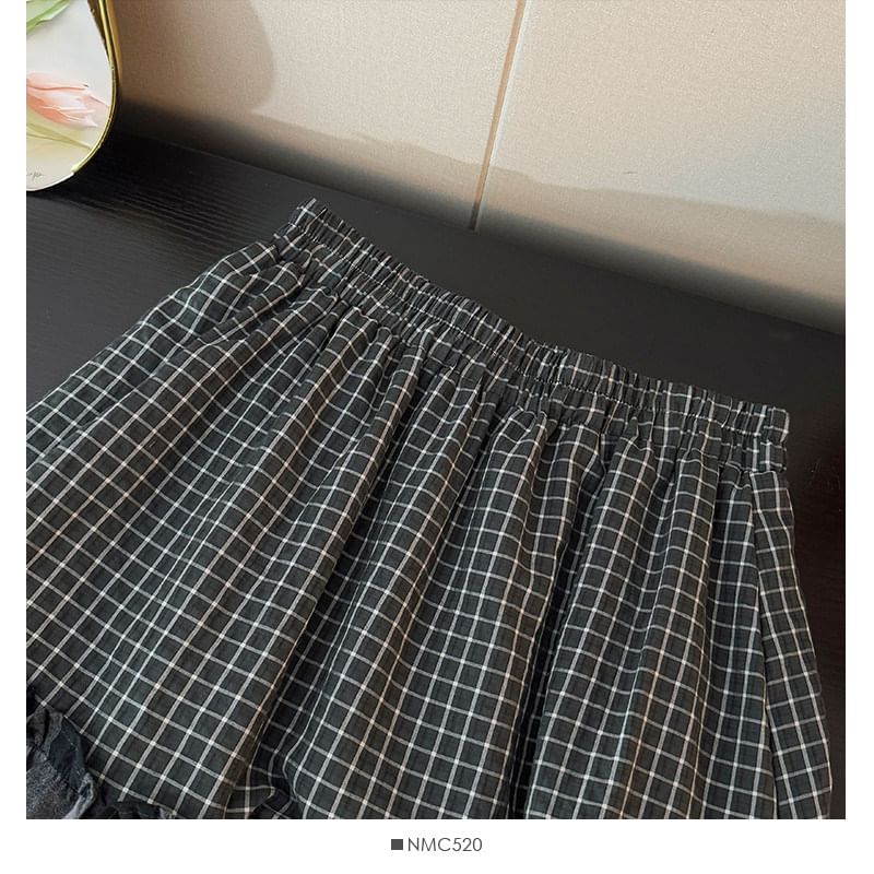 High-Waist Paneled Plaid Layered A-Line Midi Skirt