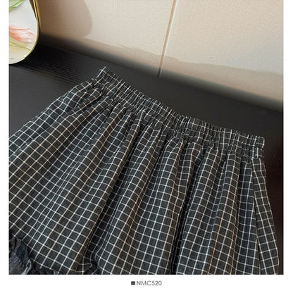 High-Waist Paneled Plaid Layered A-Line Midi Skirt