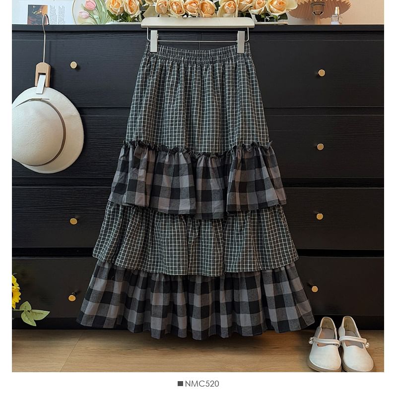 High-Waist Paneled Plaid Layered A-Line Midi Skirt