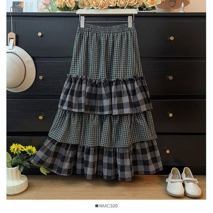 High-Waist Paneled Plaid Layered A-Line Midi Skirt