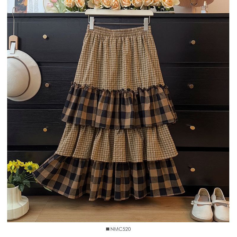 High-Waist Paneled Plaid Layered A-Line Midi Skirt