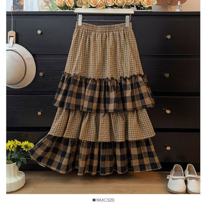 High-Waist Paneled Plaid Layered A-Line Midi Skirt