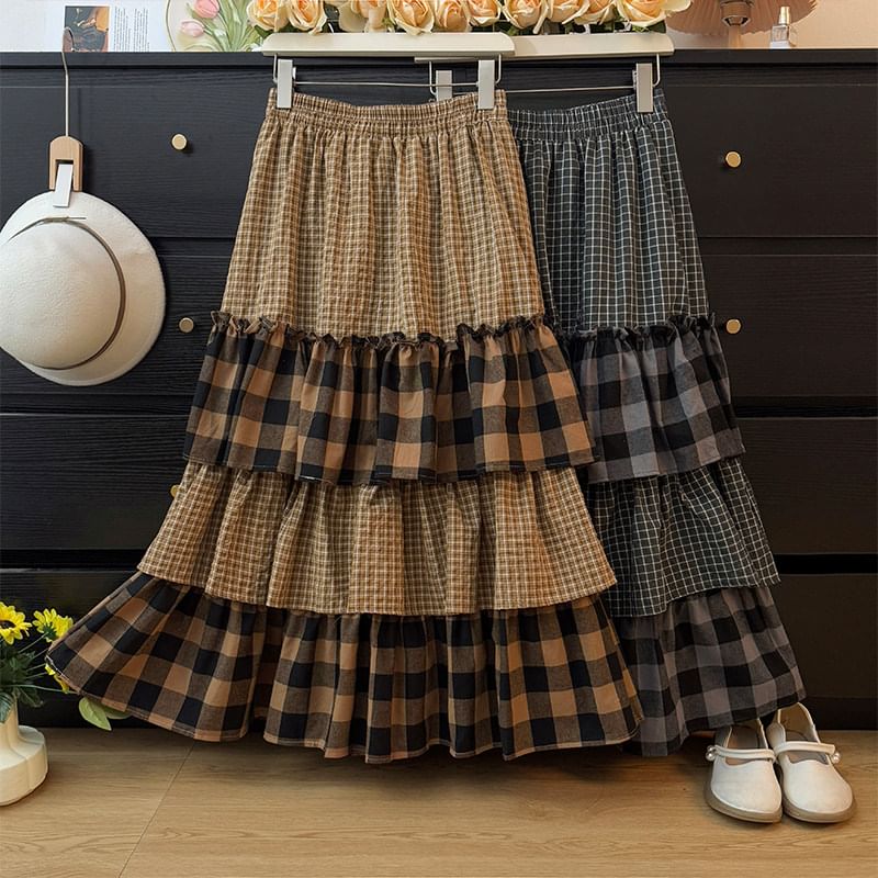 High-Waist Paneled Plaid Layered A-Line Midi Skirt