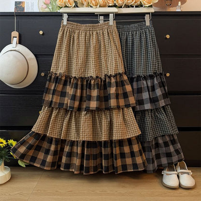 High-Waist Paneled Plaid Layered A-Line Midi Skirt