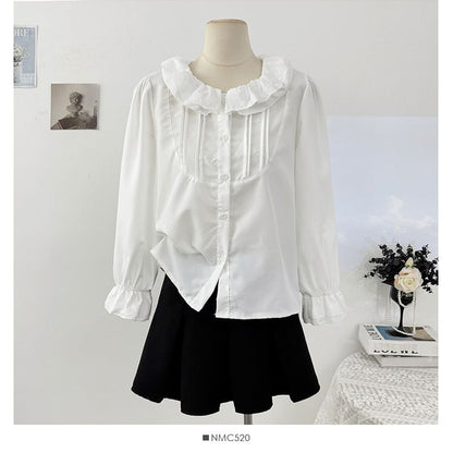 Ruffled Trim Loose-Fit Long Sleeve Shirt