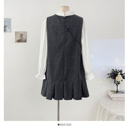 Glitter Pleated Mini Dress with Ruffled Blouse Set