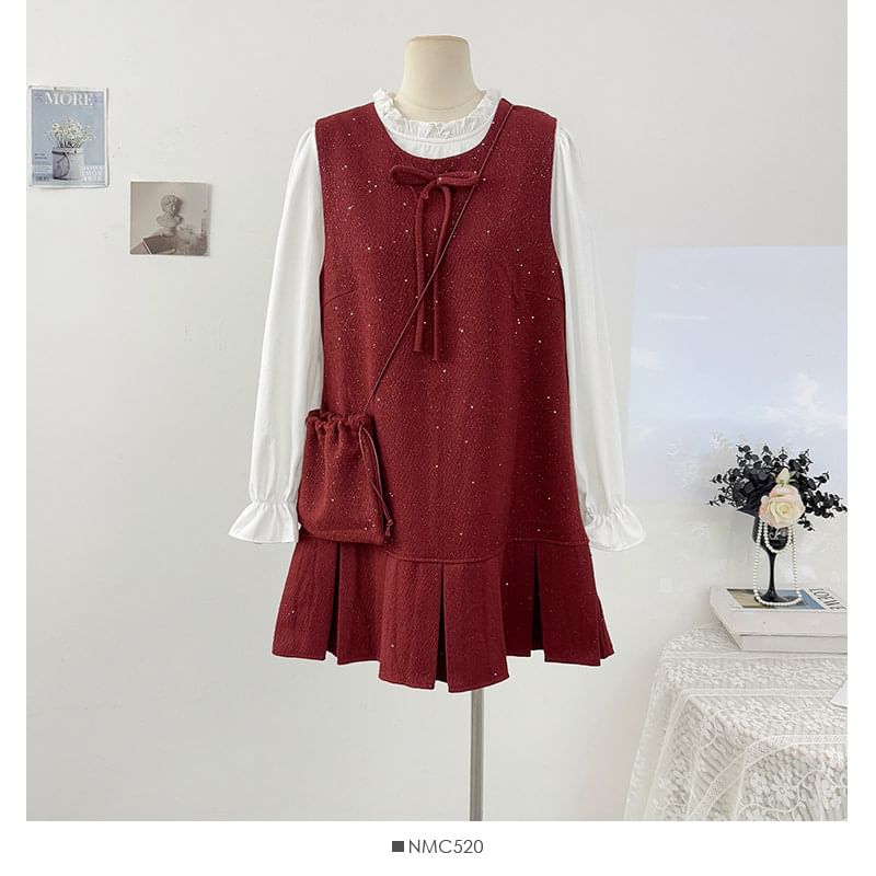 Glitter Pleated Mini Dress with Ruffled Blouse Set
