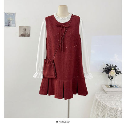 Glitter Pleated Mini Dress with Ruffled Blouse Set