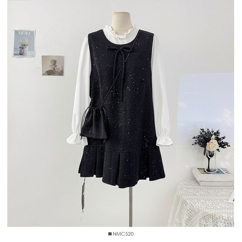 Glitter Pleated Mini Dress with Ruffled Blouse Set