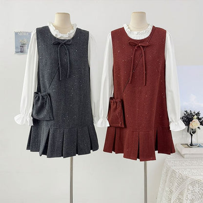 Glitter Pleated Mini Dress with Ruffled Blouse Set