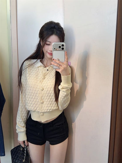 Peter Pan Collar Perforated Button-Up Crop Cardigan