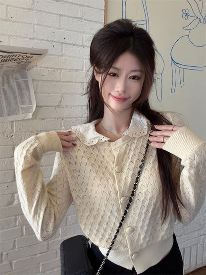 Peter Pan Collar Perforated Button-Up Crop Cardigan