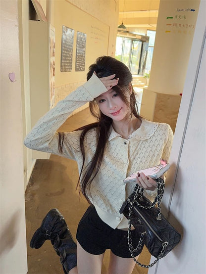 Peter Pan Collar Perforated Button-Up Crop Cardigan
