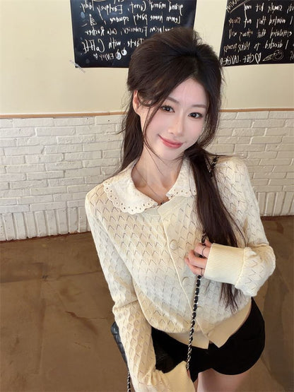 Peter Pan Collar Perforated Button-Up Crop Cardigan